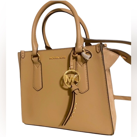 MICHAEL KORS Kris Medium Leather Satchel purse handbag TAN BROWN - Picture 4 of 11